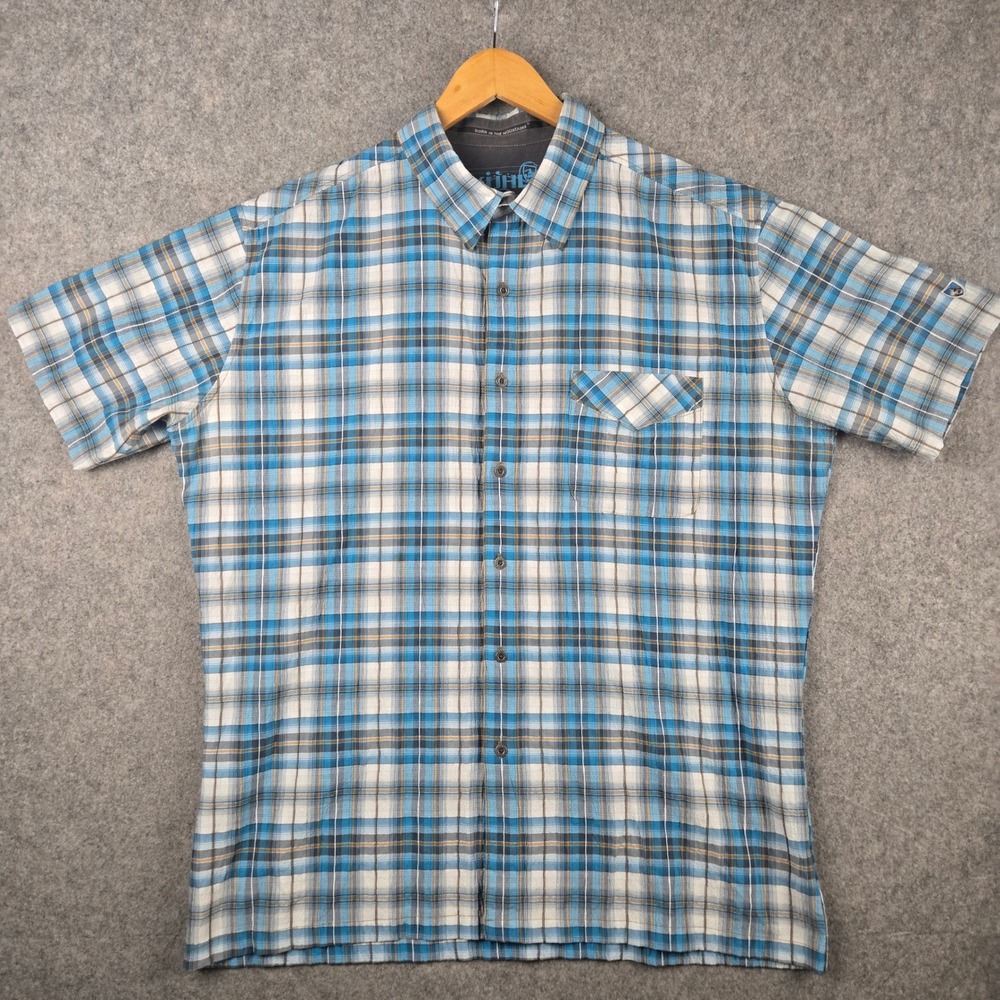 KUHL Seersucker Shirt Mens XL Blue Plaid Short Sleeve Button Up Hiking Gorpcore - Picture 2 of 10